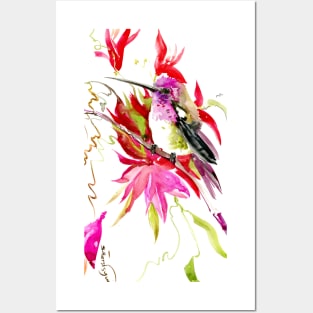 Little Hummingbird and Tropical Red flowers Posters and Art